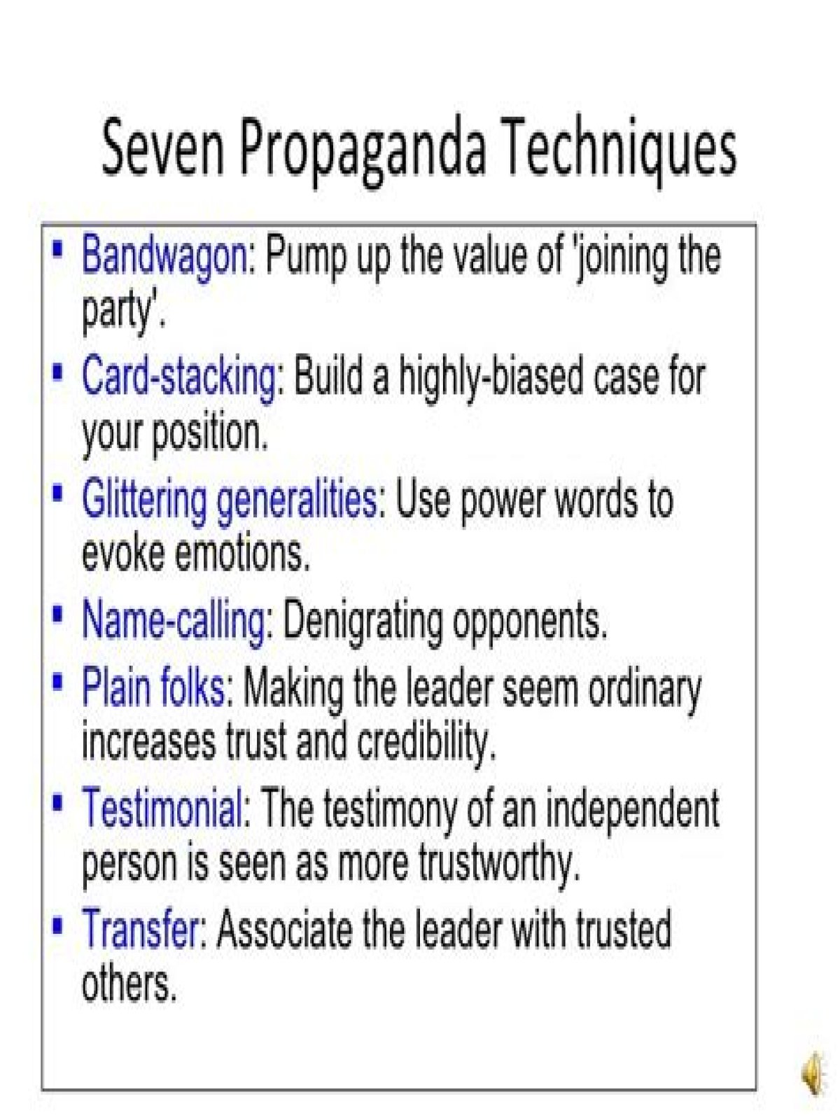 What are the seven main techniques of propaganda?